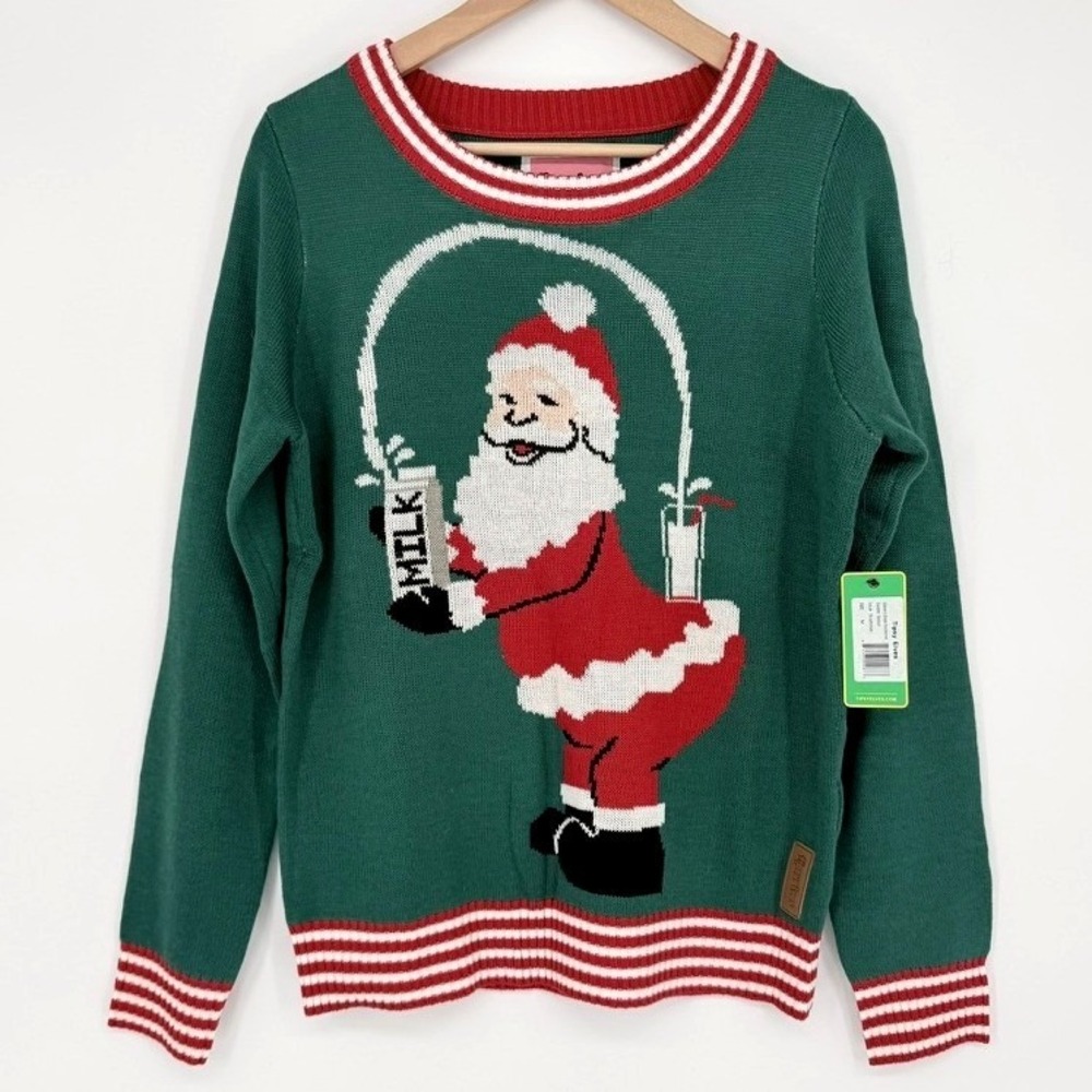 Tipsy Elves Santa Milk & Cookies Ugly Christmas Sweater Green Unisex Medium NWT
